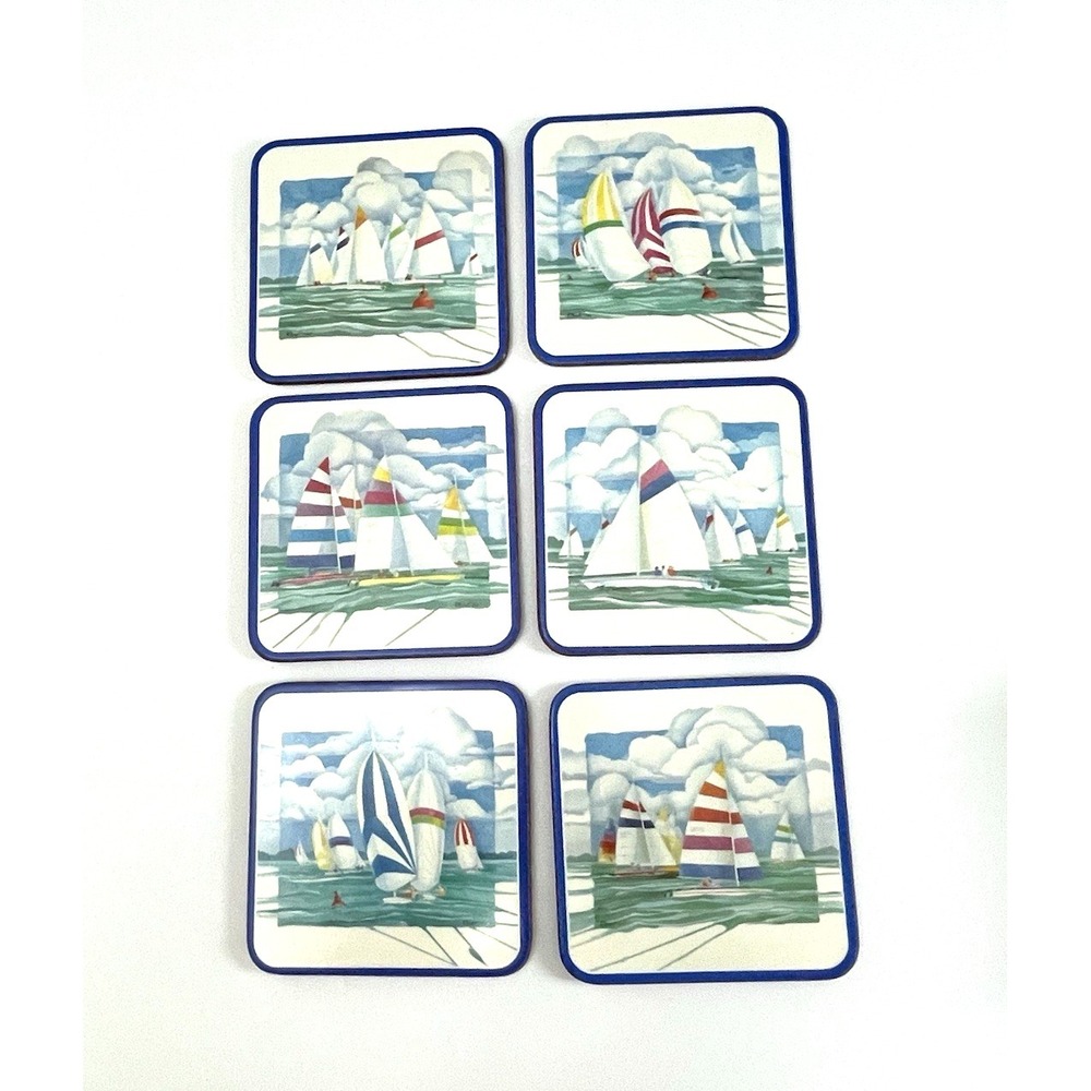Pimpernel Regatta Coasters England‎ Set of 6 Cork Back 4" Sailboats Coastal